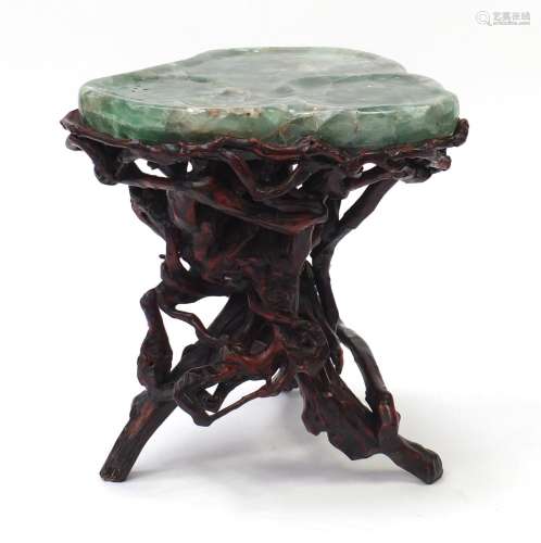 Chinese fluorite specimen tea table raised on a gnarled root base, 54.5cm H x 51cm W x 46cm D :