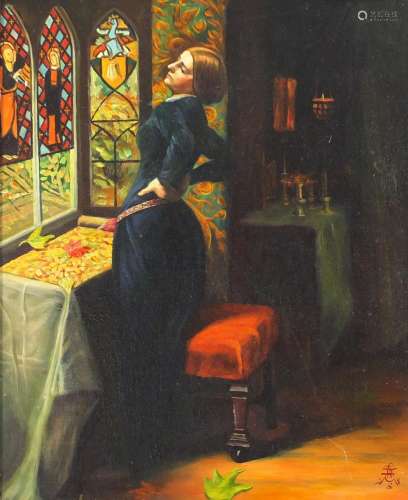 Female in an interior with stained glass, Pre-raphaelite school oil on board, framed, 58.5cm x 48.
