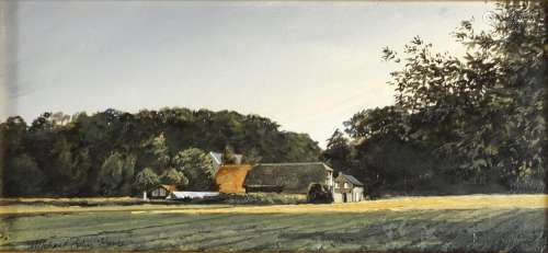 Michael John Hunt - Farm buildings, oil on board, framed, 18.5cm x 8.5cm : For Further Condition