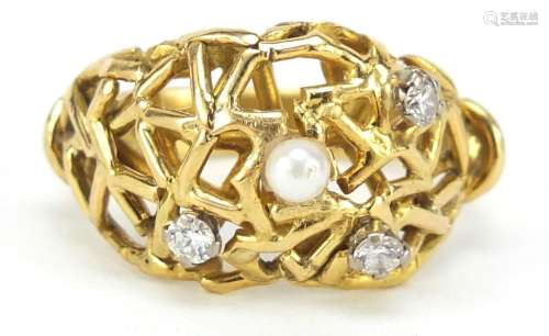 18ct gold diamond and pearl naturalistic ring, OS maker's mark, London 1976, size P, 8.0g : For
