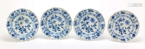 Four Meissen side plates hand painted in the Blue Onion pattern, blue crossed sword marks to the