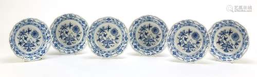 Set of six Meissen shallow bowls hand painted in the Blue Onion pattern, crossed sword marks to