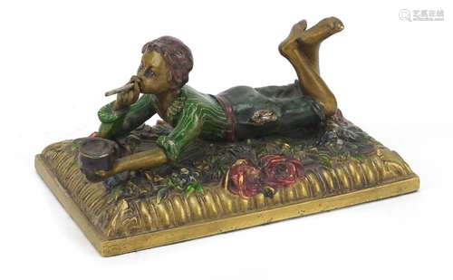 Austrian cold painted bronze figure of a boy smoking, 14cm wide : For Further Condition Reports