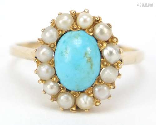 9ct gold turquoise and pearl ring, size P, 2.9g : For Further Condition Reports Please Visit Our