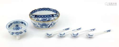 Meissen fluted butter dish, mustard dish and four teaspoons, each hand painted in the Blue Onion