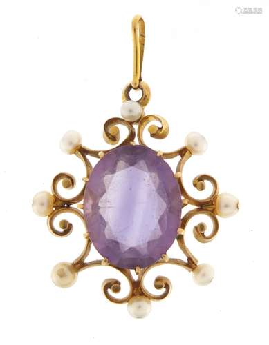 9ct gold amethyst and pearl pendant, 3.5cm in length, 3.6g : For Further Condition Reports Please