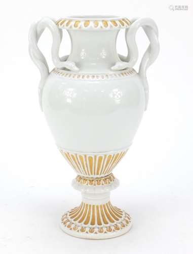 19th century Meissen porcelain vase with twin serpent handles, blue crossed sword marks to the base,