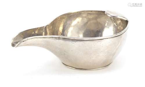 Antique unmarked silver pap boat dated June 16th 1817 but possibly earlier, 12.3cm in length, 103.3g