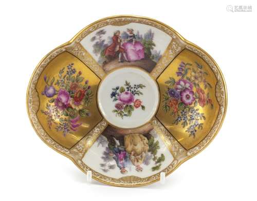 Meissen porcelain dish, hand painted with panels of lovers and flowers, blue crossed sword marks