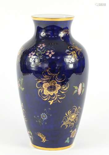 19th century Spode porcelain ovoid vase, hand painted and gilded with floral sprays onto a blue