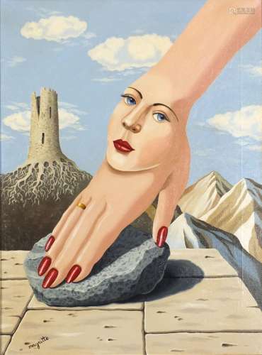 Manner of René Magritte - Surreal composition with head of a female, oil on canvas, framed, 60cm x