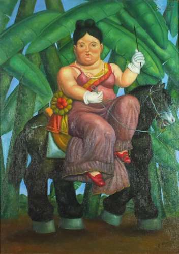 Manner of Fernando Botero - Female on horse back, Colombian school oil on board, mounted and framed,