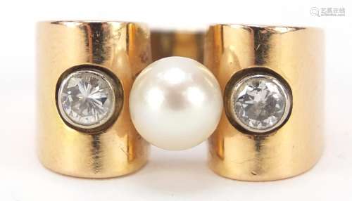 Unmarked gold diamond and pearl ring, (tests as 9ct gold) size O, 8.0g : For Further Condition