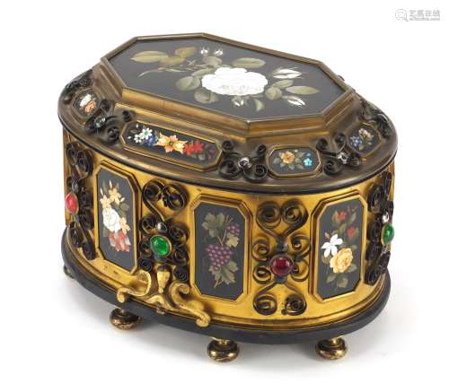 Large Italian ormolu mounted table casket with pietra dura panels inlaid with flowers, set with