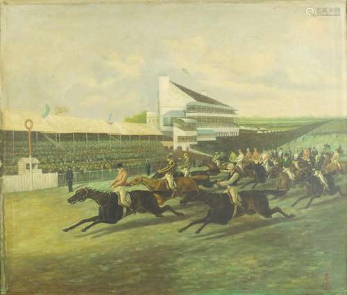 Horse racing scene, oil on board, mounted and framed, 62cm x 52.5cm : For Further Condition