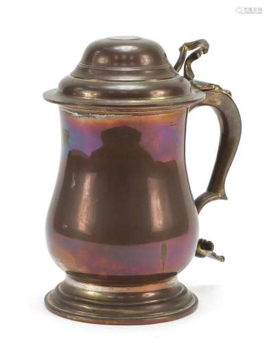 18th century copper tankard inset with a 1723 silver shilling, 20cm high : For Further Condition