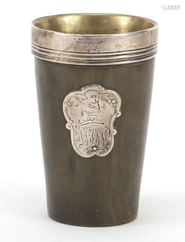 18th century silver mounted horn beaker having applied cartouche with engraved crest, inscribed