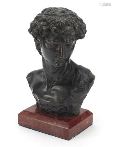 Large patinated bronze bust of Michelangelo's David, raised on a rectangular rouge marble base