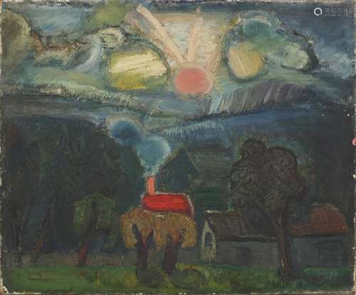 Primitive cottage, Impressionist oil on canvas bearing an indistinct signature and stamp verso,