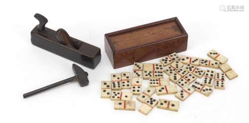 19th century doll's house miniatures comprising a wooden jack plane, bone dominoes with case and a