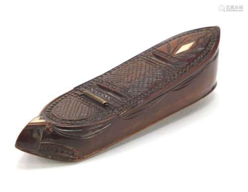 19th century carved treen shoe snuff box with ivory inlay, 10.5cm in length : For Further