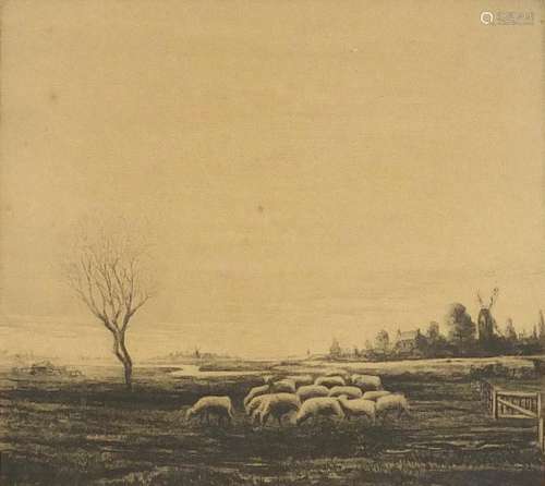 Cyril Grey - Eventide, Sheep on the marshes, pencil signed black and white etching, WMC Price, The