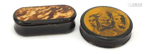 19th century horn and blonde tortoiseshell snuff box and a papier-mâché example, the largest 10cm