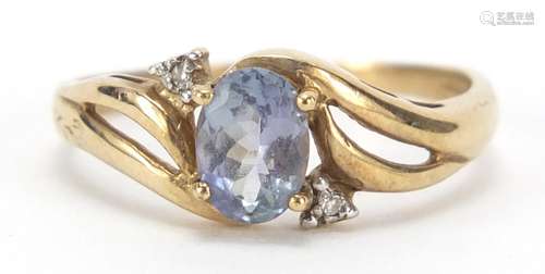 9ct gold blue stone and diamond ring, size P, 2.1g : For Further Condition Reports Please Visit