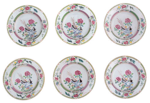 Six Chinese famille rose deep dishes, the centre decorated with birds and flowers, 18thC, ø 23 cm