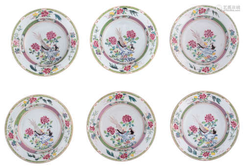 Six Chinese famille rose deep dishes, the centre decorated with birds and flowers, 18thC, ø 23 cm