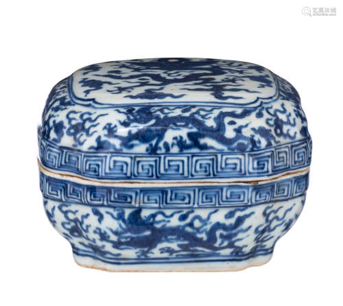 A Chinese Ming style blue and white rectangular box and cover, the top panel decorated with a ******