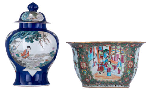 A Chinese bleu poudré vase and cover, the panels polychrome decorated with river scenes; added a dit