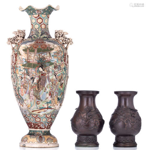 A large Japanese polychrome and gilt relief decorated satsuma vase, with a top frill rim, the body w
