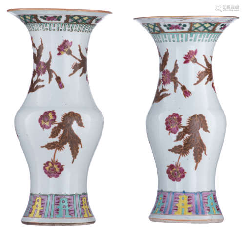 Two Chinese polychrome and famille rose floral decorated yenyen-vases, H 37 - 38 cm
