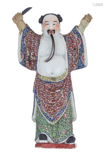 A Chinese famille rose figure of Zhongli Quan, with an impressed four-character mark, 19thC, H 35,5