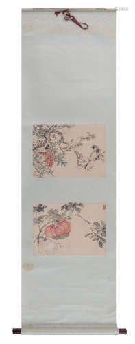 A Chinese scroll depicting birds and pumpkins, watercolour and ink on paper, with seal mark 'Chen Mo