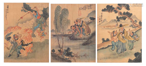Three Chinese late Qing period gouache paintings on textile, depicting twice an elderly man accompan