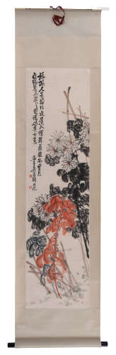 A Chinese scroll depicting flower bundles, with a signed text, watercolour on paper, 152 x 40,5 cm (