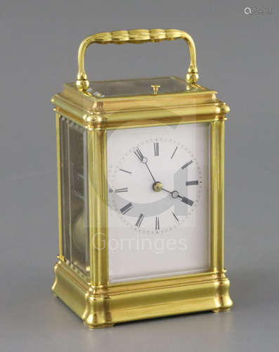 A mid 19th century French lacquered brass hour repeating carriage clock, in gorge case, with