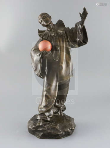 Jules Aimé Grosjean (1872-1906). A bronze figure of Pierrot standing holding a ball, originally