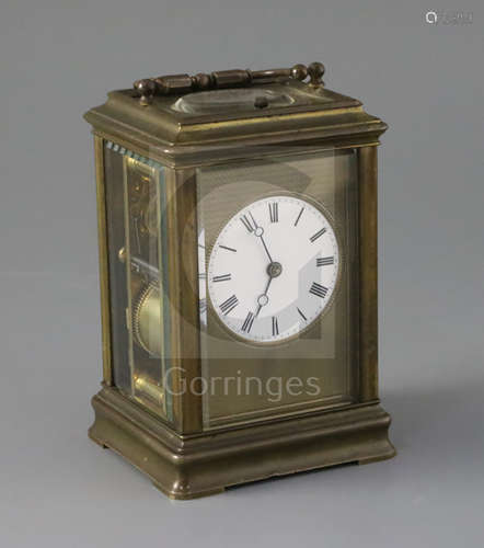 A late 19th century French lacquered brass hour repeating carriage clock, in gorge case, with