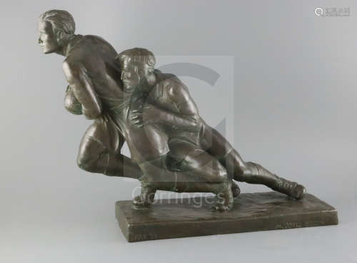 § Muriel Joyce Bidder (1906-1999) A bronze group, 'Tackled' depicting two rugby players, Fine Art