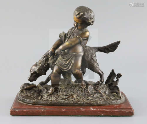 Auguste Joseph Peiffer (French, 1832-1886). A bronze group of a putto with a setter, standing upon