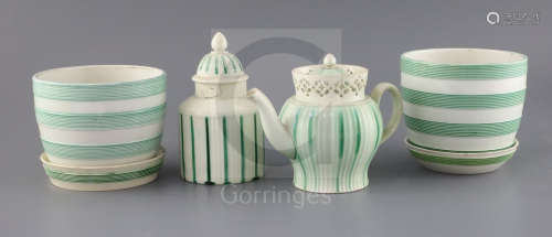 Two Wedgwood Queensware green banded cache pots and stands, a Leeds creamware teapot and cover and