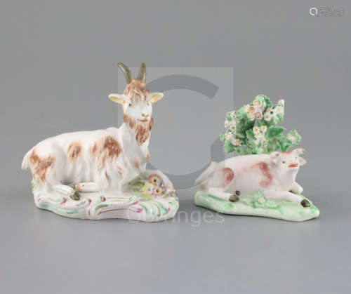 A Derby figure of a recumbent goat and a similar figure of a lowing cow, c.1760-5, patch marks, L.