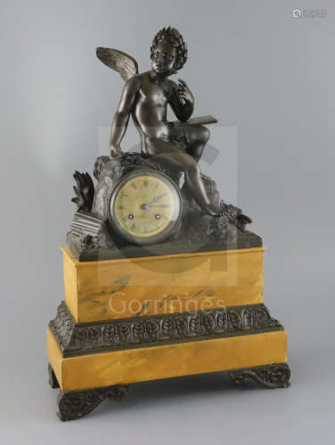 A 19th century French bronze and simulated Sienna marble mantel clock, surmounted with Cupid