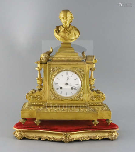 A 19th century French ormolu mantel clock, surmounted with a bust of Shakespeare, surmounted with