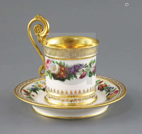 A Sevres cabinet cup and saucer, c.1822, each painted with a band of colourful flowers, the cup with