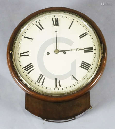 A mid 19th century maho***y **** dial wall clock, with painted Roman dial and twin fusee movement,