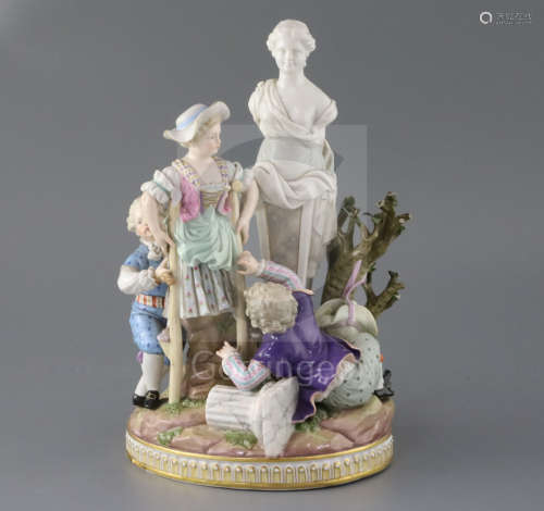 A Meissen group of children picking apples in a garden with a classical statue, late 19th century,